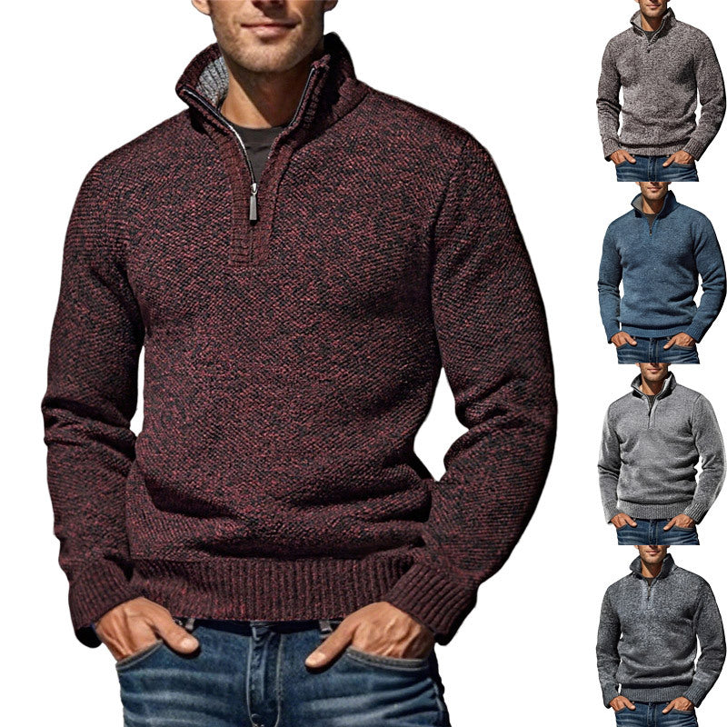 Herren nan grobgestrickter Strickpullover mit halbem Reißverschluss und hohem Stehkragen R&B