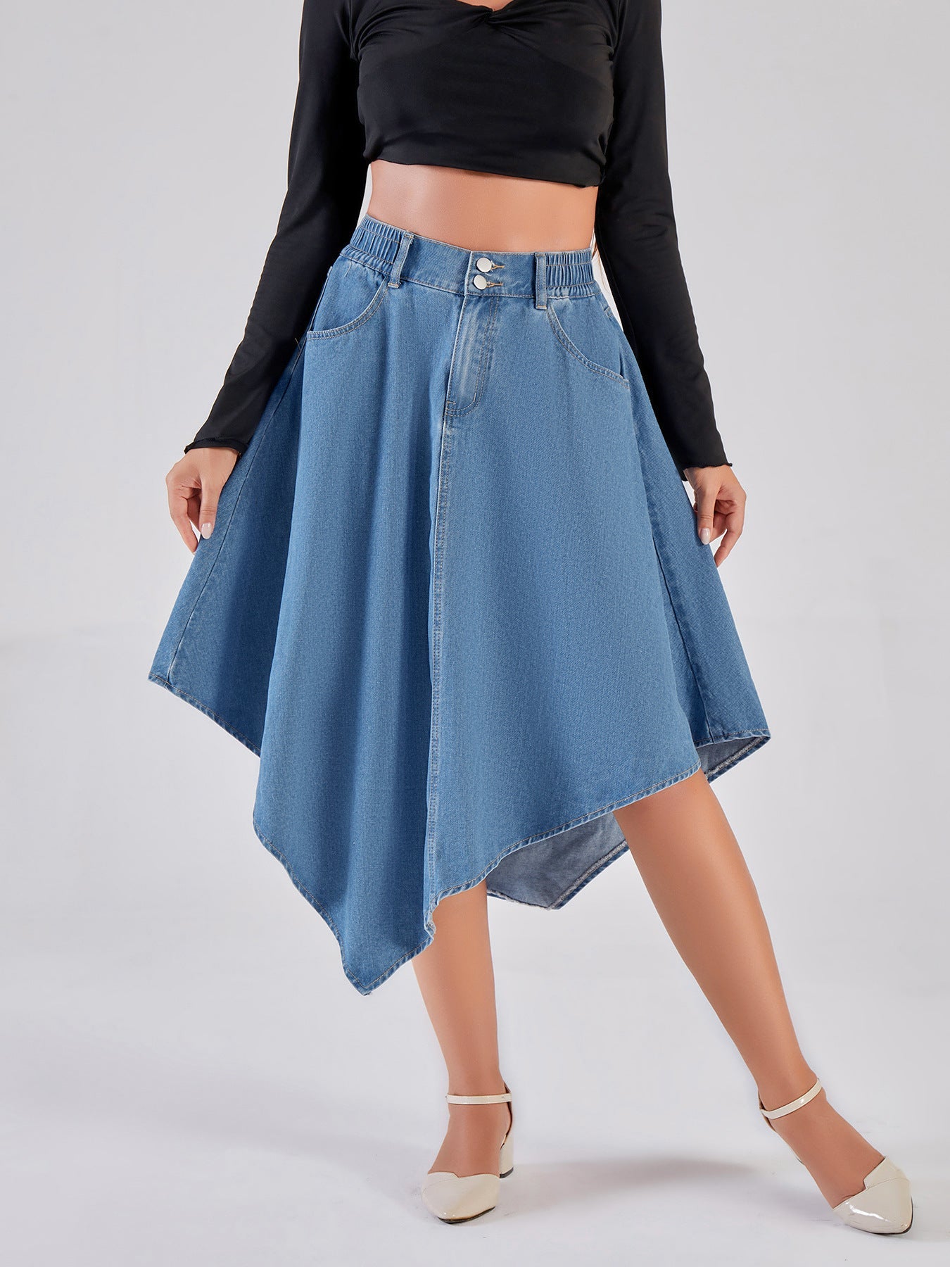 Damen asymmetrischer Denim-Rock mit attraktivem Saumdesign R&B