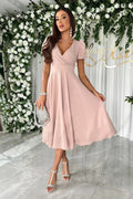 Damen A-Linie Kleid mit Puffärmeln und schmalem V-Ausschnitt R&B