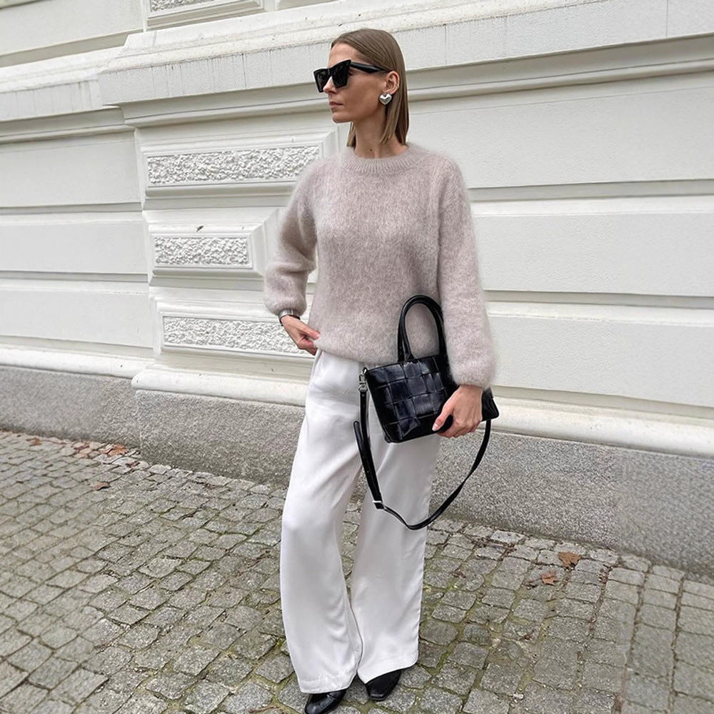 Damen lässiger Strickpullover mit voluminösen Ärmeln und hochwertiger Mohair-Optik R&B