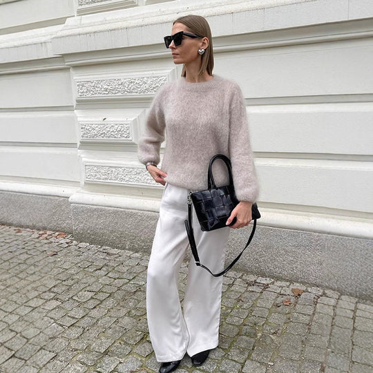 Damen lässiger Strickpullover mit voluminösen Ärmeln und hochwertiger Mohair-Optik R&B