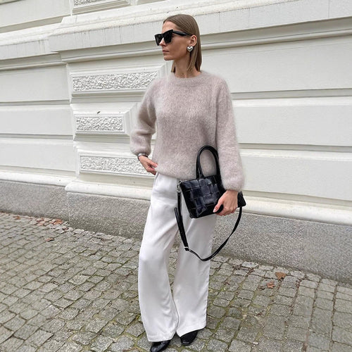 Damen lässiger Strickpullover mit voluminösen Ärmeln und hochwertiger Mohair-Optik R&B