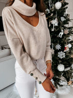 Damen Glamouröser Strickpullover mit angeschnittenem Rollkragen und schicken Knopfdetails R&B