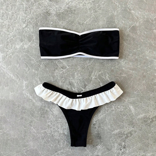 Damen Bandeau-Bikini mit fließendem Rüschendesign und verstellbarem Höschen R&B