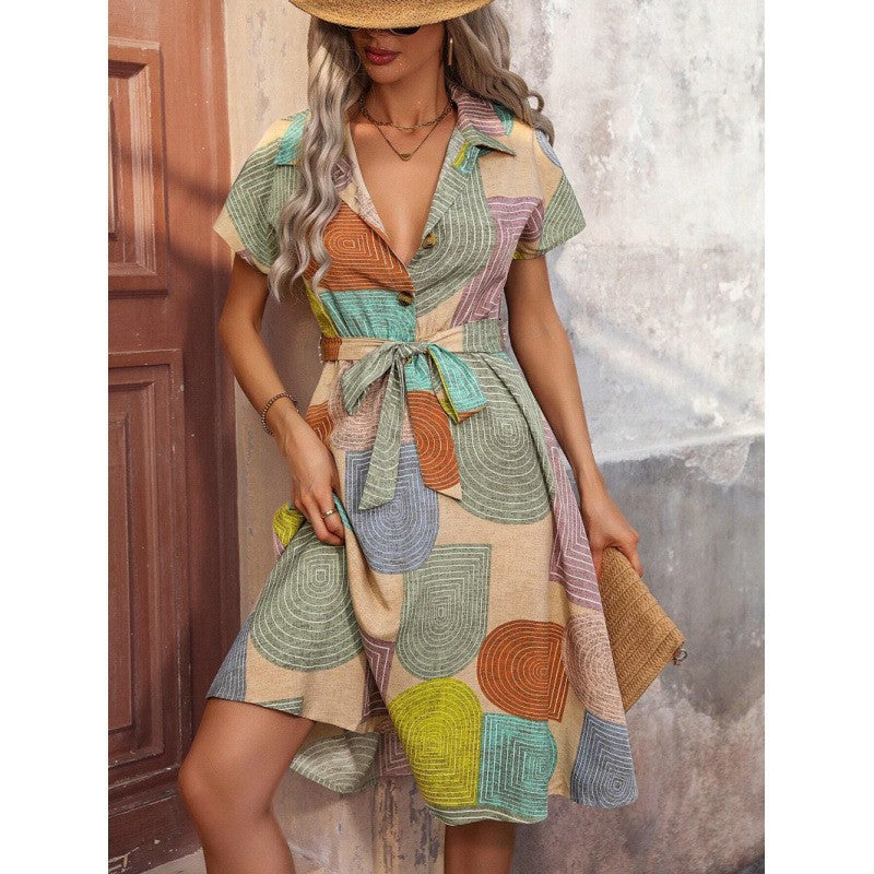 Damen Hemdkleid mit buntem geometrischem Muster und Taillengürtel R&B