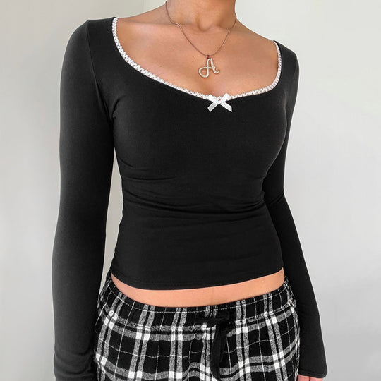 Damen Langarmshirt mit elegantem Rundhalsausschnitt und feinen Spitzenakzenten R&B