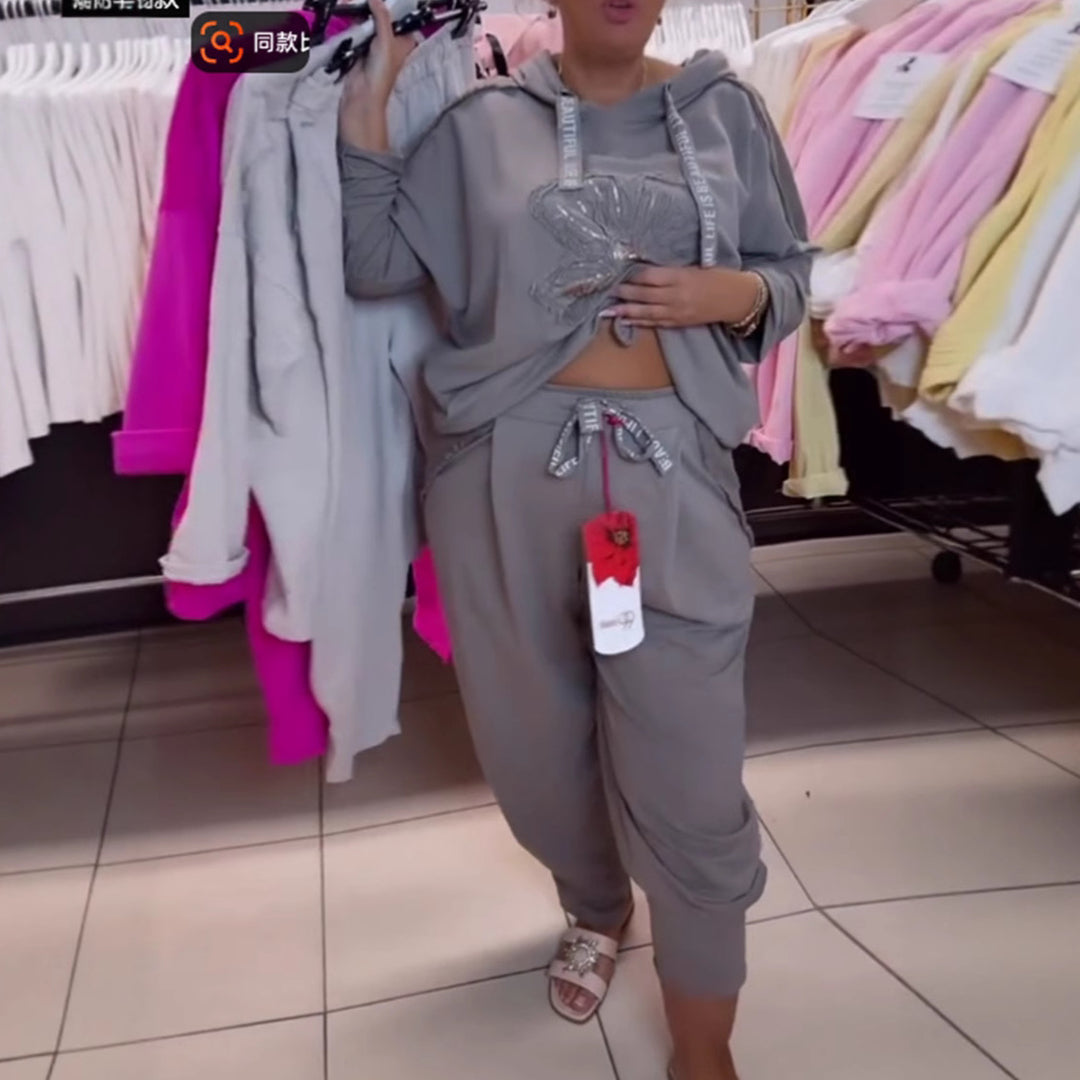 Damen nan entspanntes Lounge-Set mit Blüten-Pailletten-Hoodie, Kordelzug und weiter Bundfaltenhose R&B