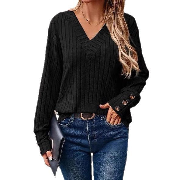 Damen Strickpullover mit V-Ausschnitt und dekorativen Knopfdetails