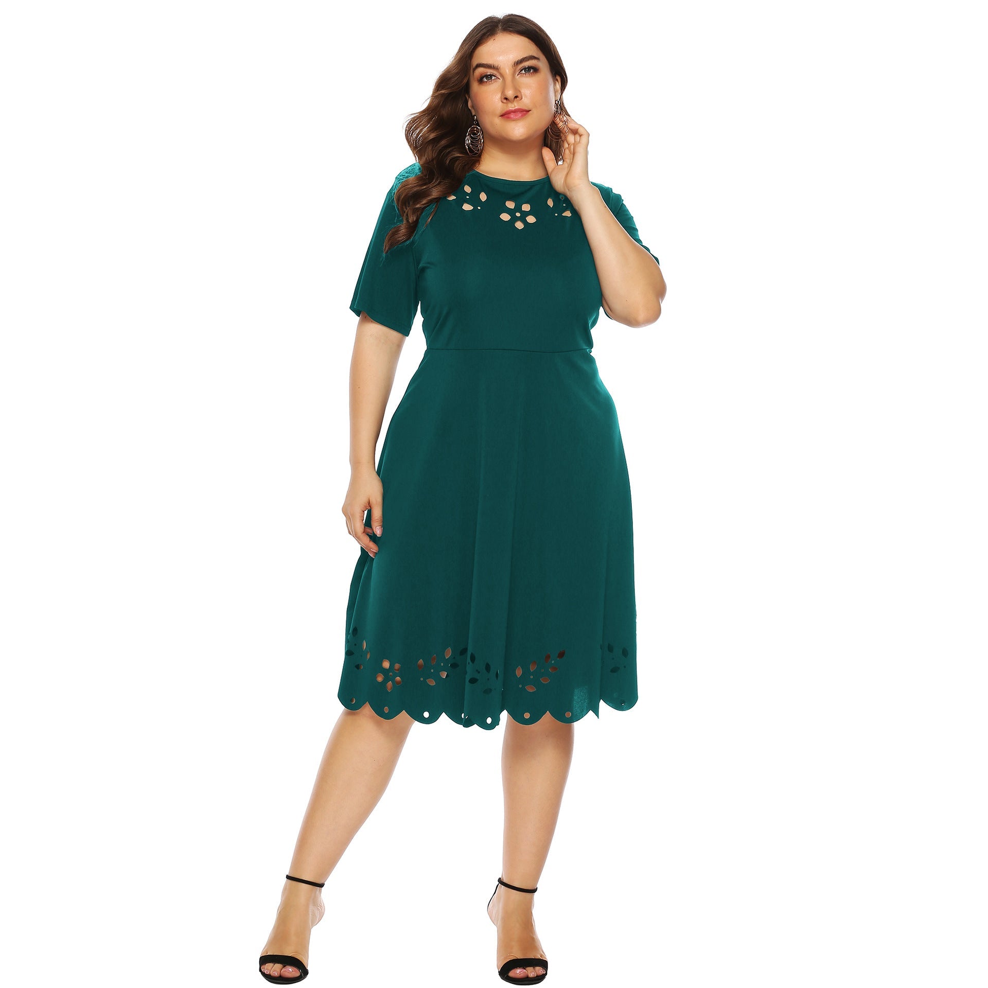 Damen elegantes Kleid mit durchbrochenem Kragen und wellenförmigem Saum R&B