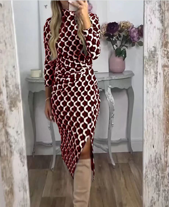 Damen Midi-Kleid mit geometrischem Muster und hohem Schlitz Heidi-Mode