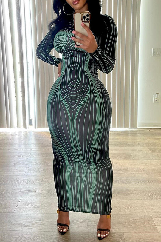 Damen Figurbetontes Langarmkleid mit einzigartiger Linienstruktur R&B