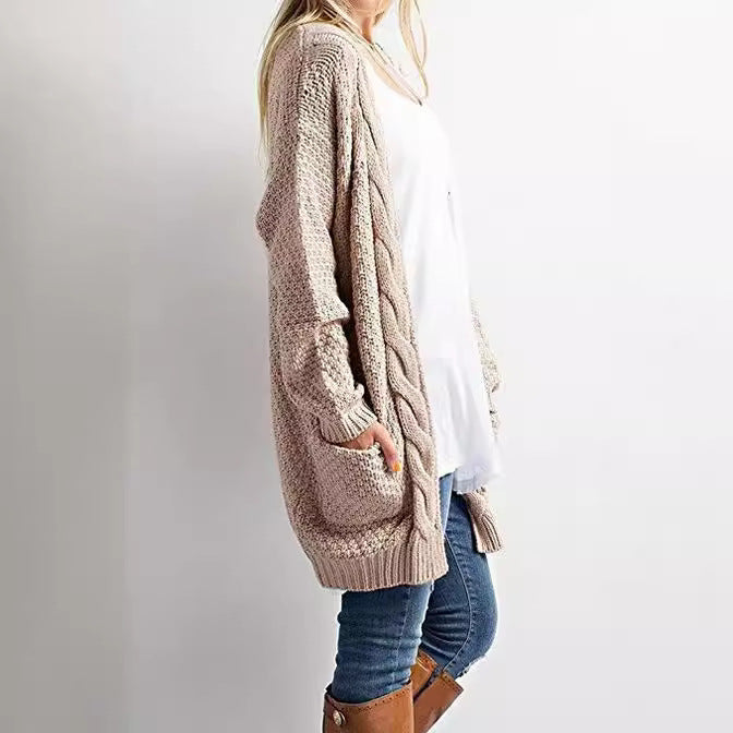 Damen gemütlicher Strickcardigan mit Taschen und Zopfmuster R&B