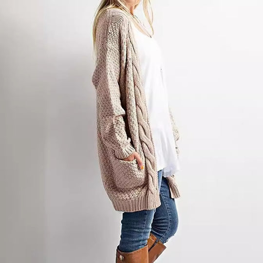 Damen gemütlicher Strickcardigan mit Taschen und Zopfmuster R&B
