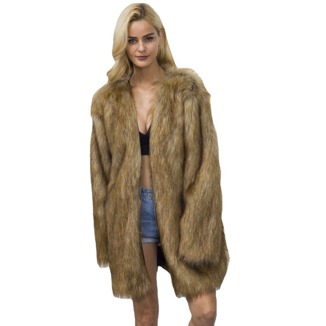 Damen Eleganter Kunstpelzmantel mit langem Schnitt und breitem Kragen R&B