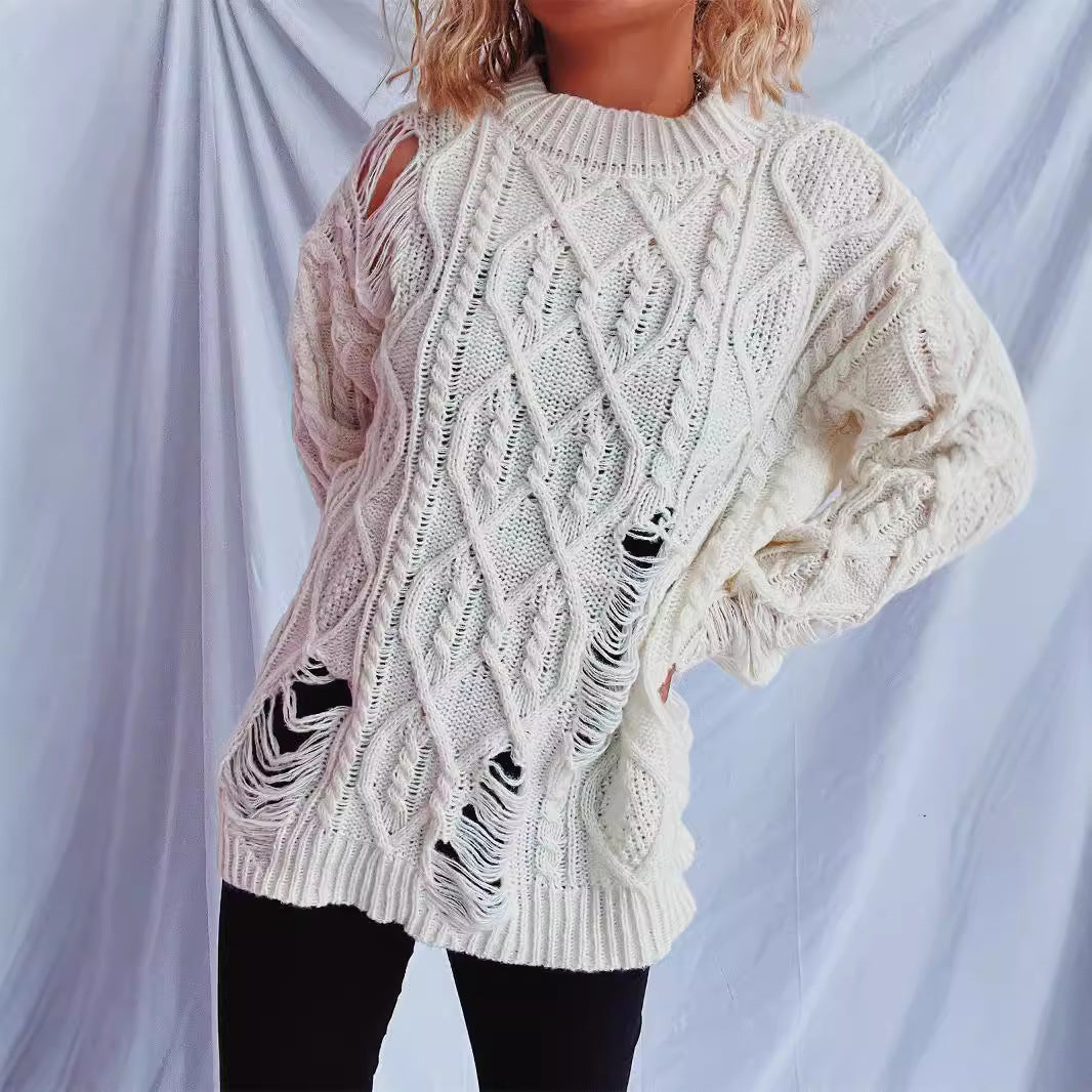 Damen Grobstrickpullover mit einzigartigem Zopfmuster und ausgefransten Details R&B