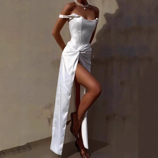 Damen Elegantes Off-Shoulder Maxikleid mit seitlichem Schlitz und raffinierter Drapierung R&B