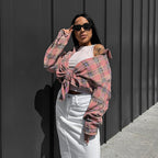 Damen Karomuster Crop-Hemd mit Bindeband und lässigem Schnitt EB