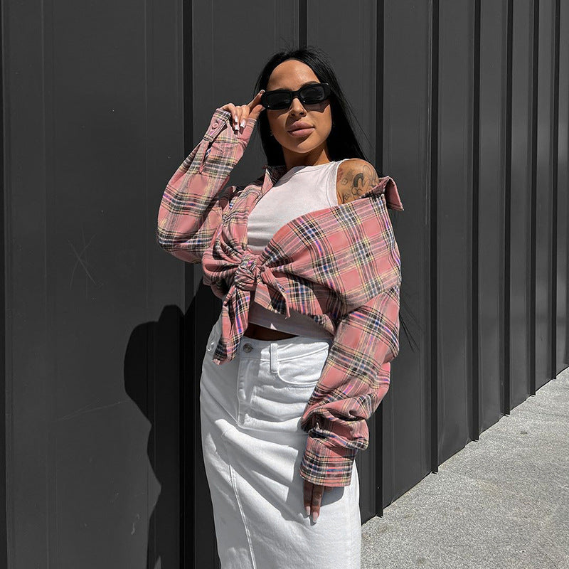 Damen Karomuster Crop-Hemd mit Bindeband und lässigem Schnitt EB