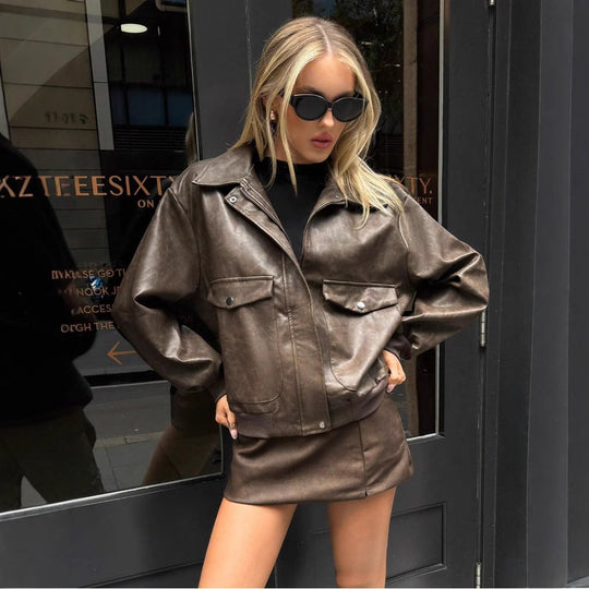 Damen Lässige und stylische Kunstlederjacke mit praktischen Taschen R&B