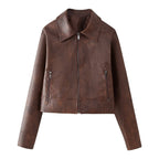 Damen cropped Kunstlederjacke mit stylischem Stehkragen und Reißverschlusstaschen R&B