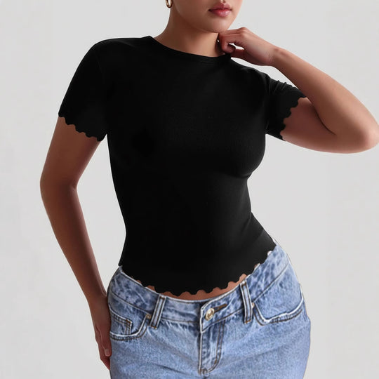 Damen Kurzarm-T-Shirt mit geschwungenen Säumen und figurbetonter Passform R&B