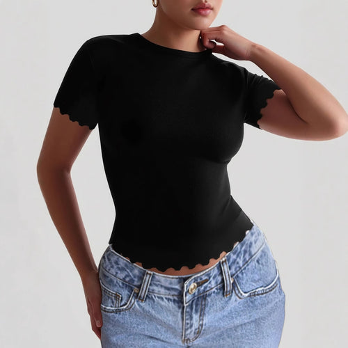 Damen Kurzarm-T-Shirt mit geschwungenen Säumen und figurbetonter Passform R&B