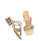 Damen elegante und glamouröse Sandalen mit funkelnden Applikationen und transparentem Blockabsatz EB
