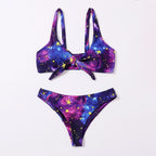 Damen Triangel-Bikini mit buntem Galaxienmuster und verspieltem Knoten R&B
