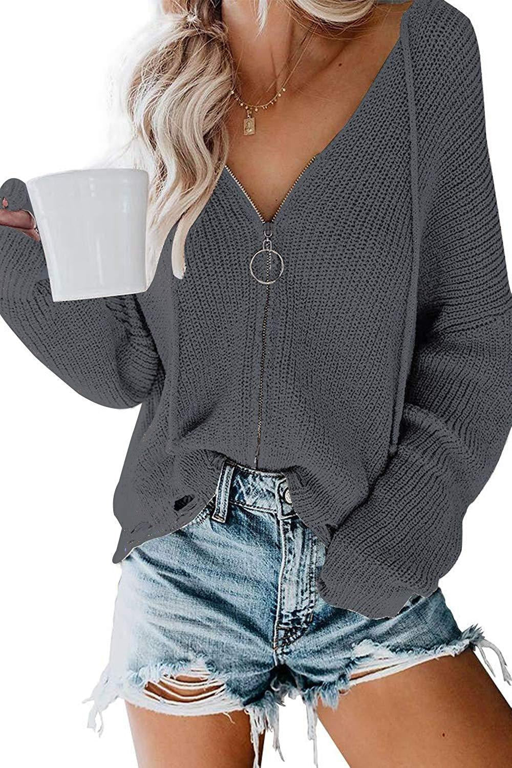 Damen V-Ausschnitt Strickpullover mit Reißverschluss R&B
