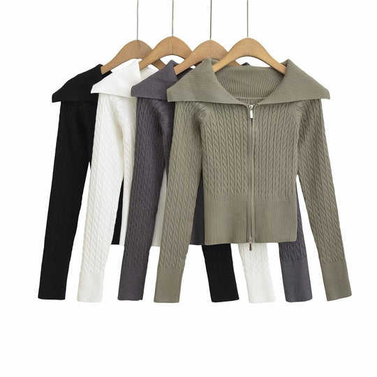 Damen modische Strickjacke mit weitem Kragen und Reißverschluss R&B