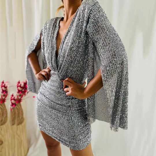 Damen Glitzerndes Cocktailkleid mit tiefem V-Ausschnitt und eleganten Trompetenärmeln R&B