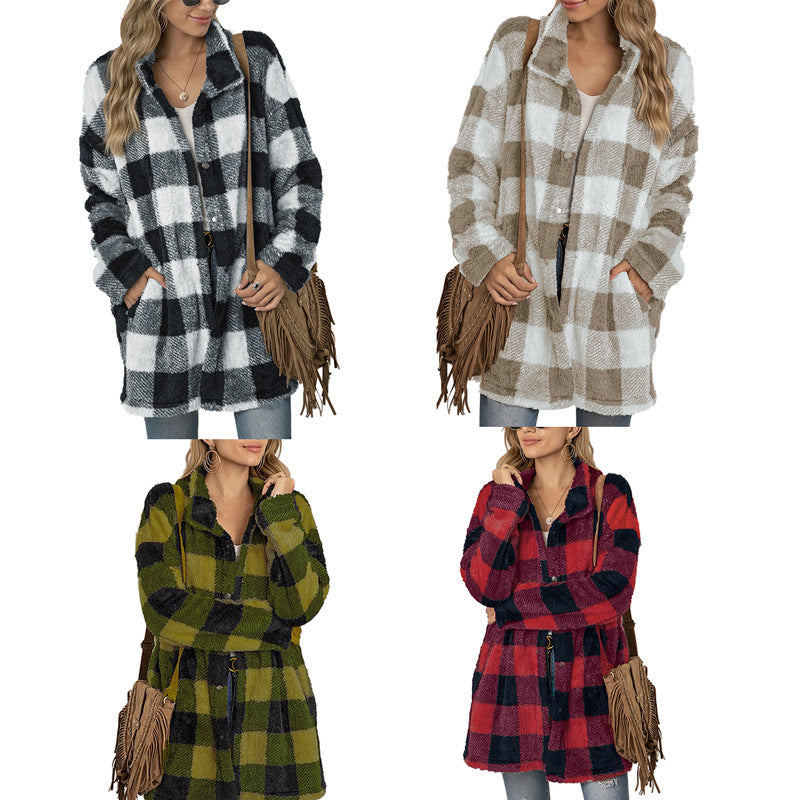 Damen Fleecejacke mit Karomuster und praktischen Taschen