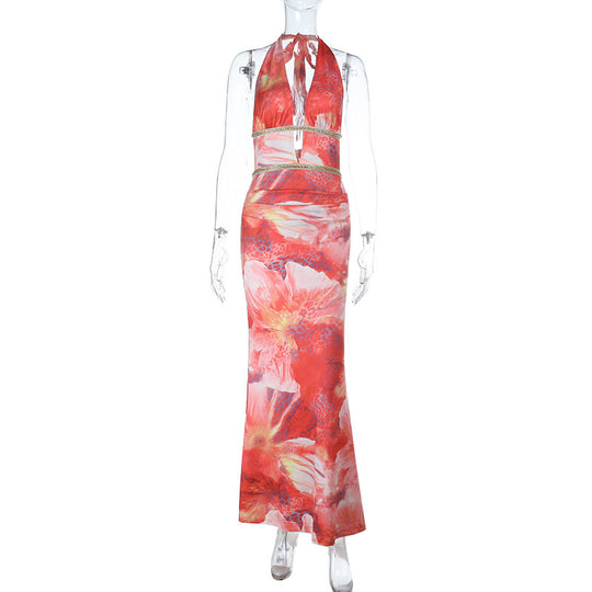 Damen Maxikleid mit floralem Design und tiefem V-Ausschnitt R&B