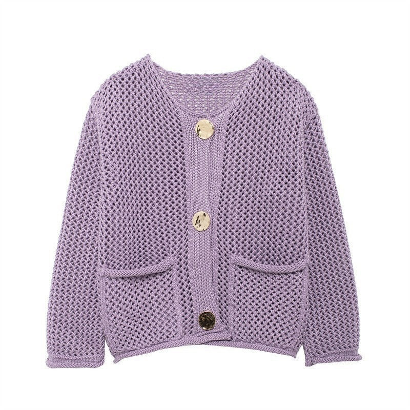 Damen luftige Strickjacke mit durchbrochenem Muster und praktischen Taschen R&B