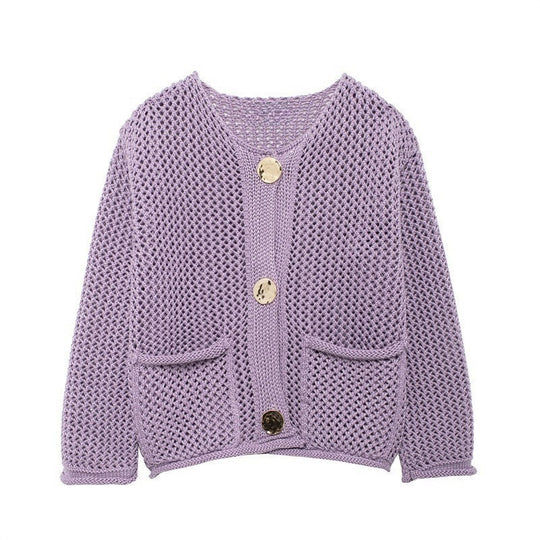 Damen luftige Strickjacke mit durchbrochenem Muster und praktischen Taschen R&B