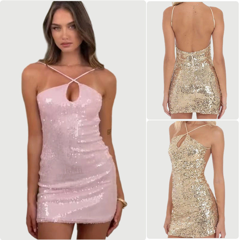 Damen Glitzerndes Minikleid mit eleganter Trägergestaltung und tiefem Ausschnitt R&B