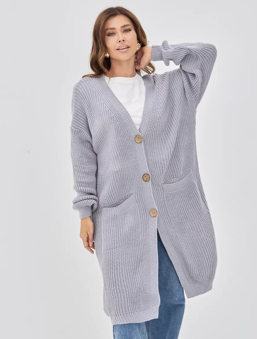 Damen Grobstrick-Cardigan mit schlichten Holzknöpfen und praktischen Taschen R&B