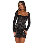 Damen Spitzenminikleid mit langem Arm und verführerischem Dekolleté R&B