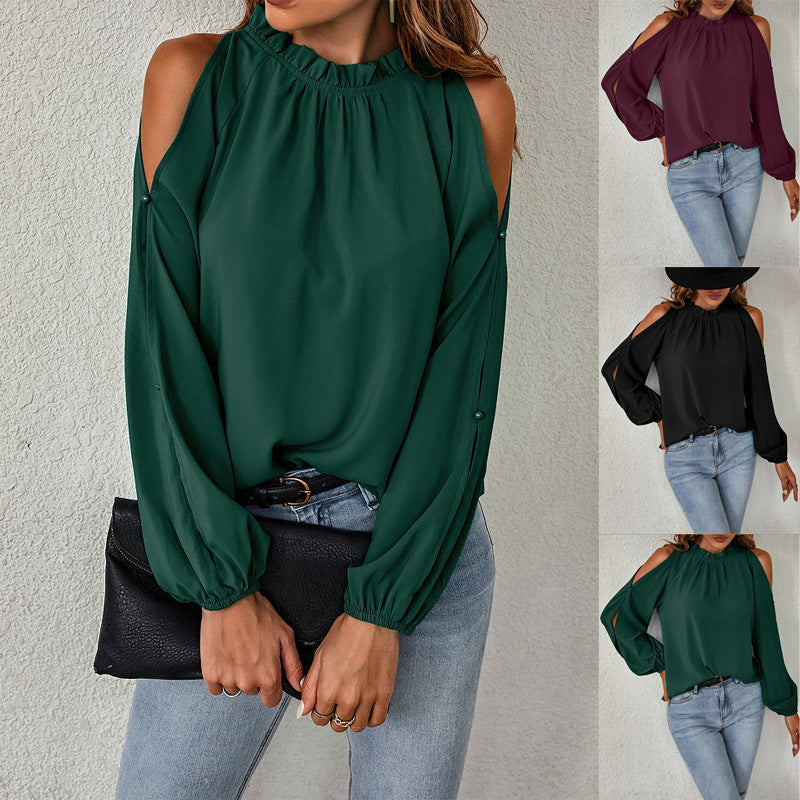 Damen trendige Bluse mit schulterfreier Gestaltung und Puffärmeln R&B