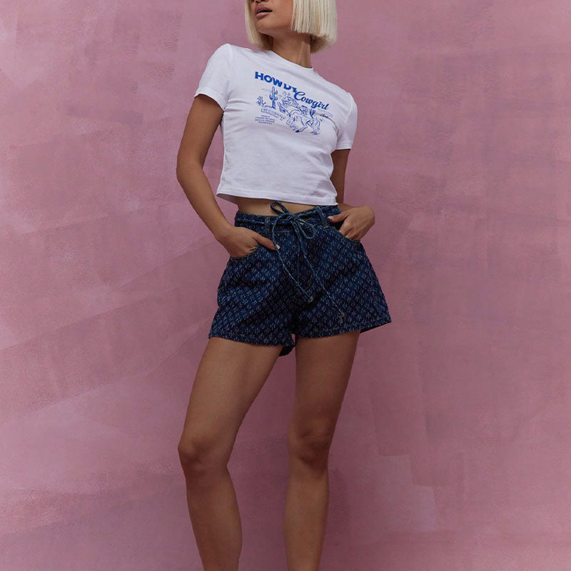 Damen Jeansshorts mit verstellbarem Kordelzug und modischem Muster R&B