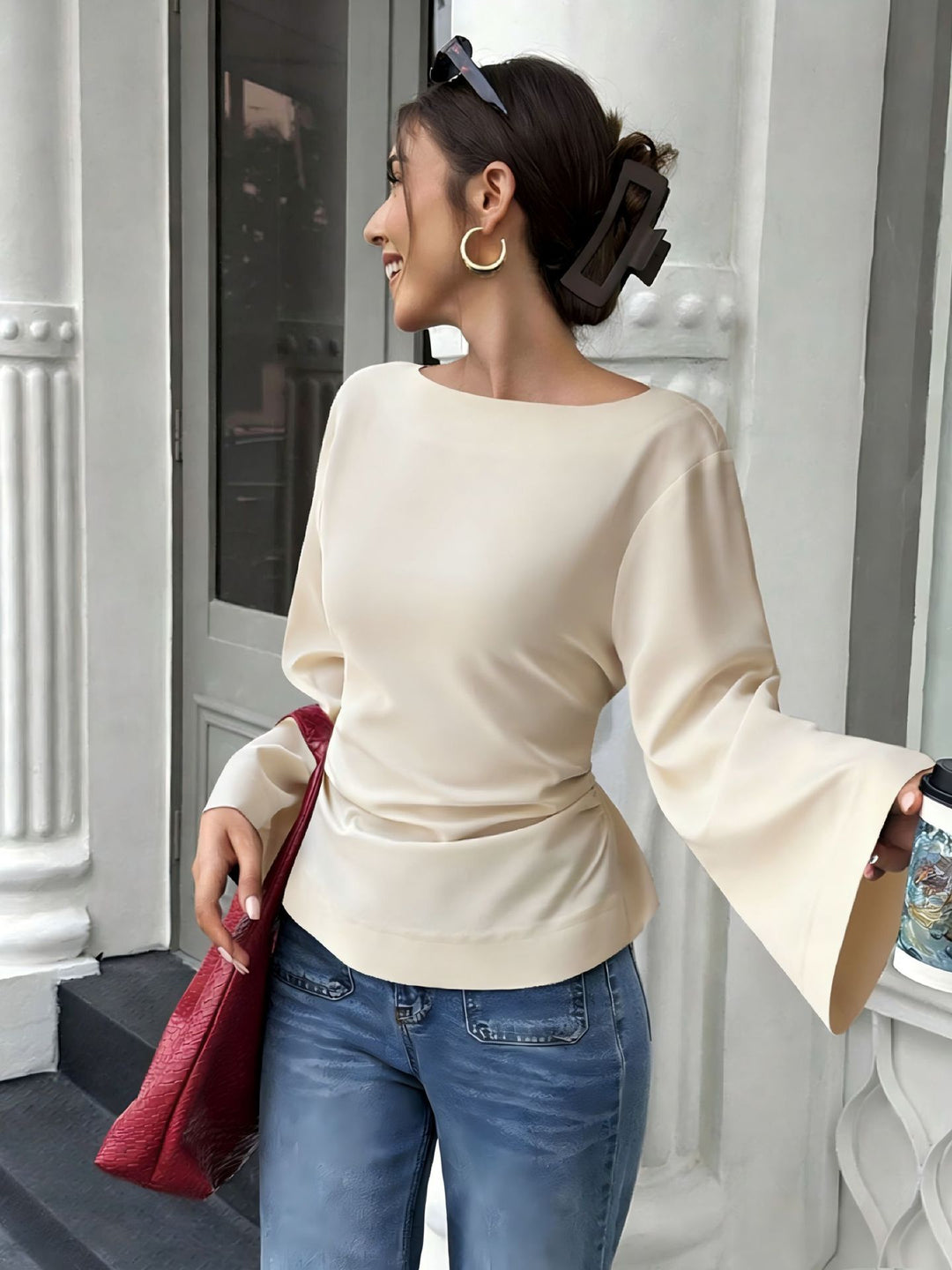 Damen elegantes Oberteil mit weitem Ärmel und schickem Bund R&B