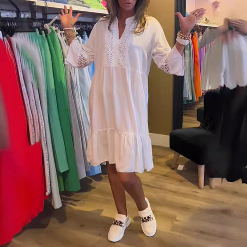 Damen nan lockeres Babydoll-Tunikakleid mit Spitzenpasse, V-Ausschnitt, Stehkragen und Stufenvolant R&B