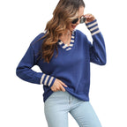 Damen Lässiger Pullover mit V-Ausschnitt und gestreiften Ärmelabschlüssen R&B