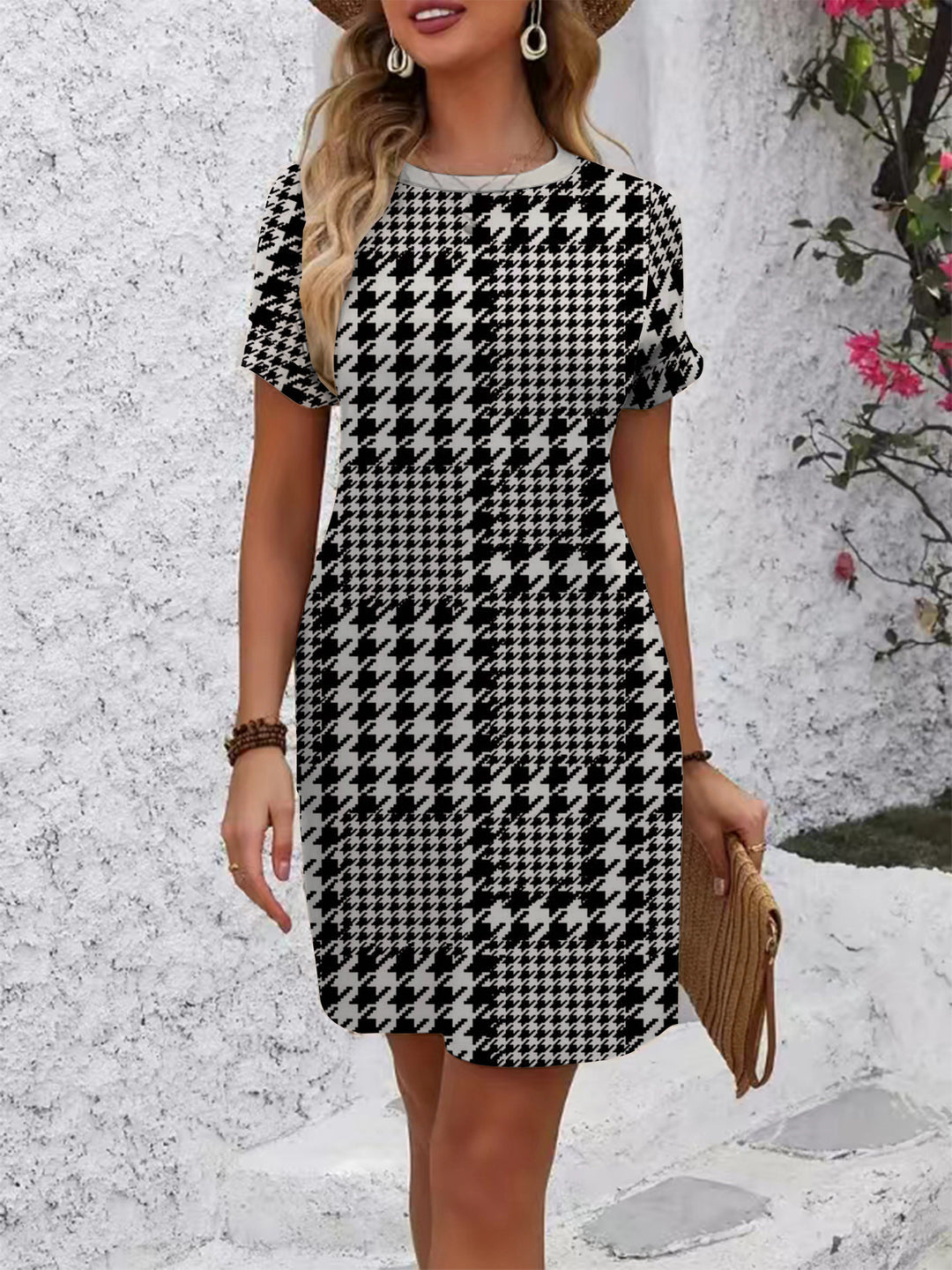 Damen lässiges Kurzarmkleid mit modernem Hahnentrittmuster und bequemer Passform R&B