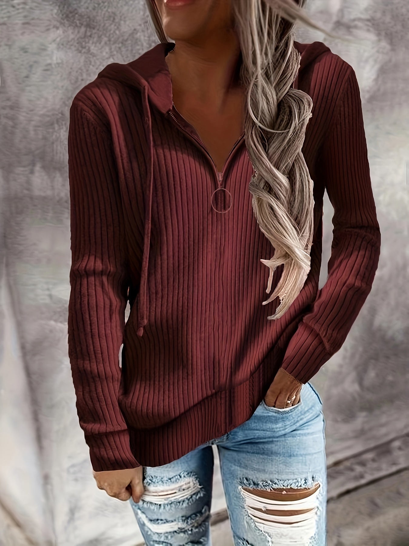 Damen Zip-Hoodie mit strukturiertem Rippdesign und durchgehendem Reißverschluss R&B