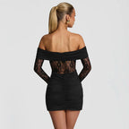 Damen elegantes Spitzenkleid mit Off-Shoulder-Ausschnitt und Raffungen R&B