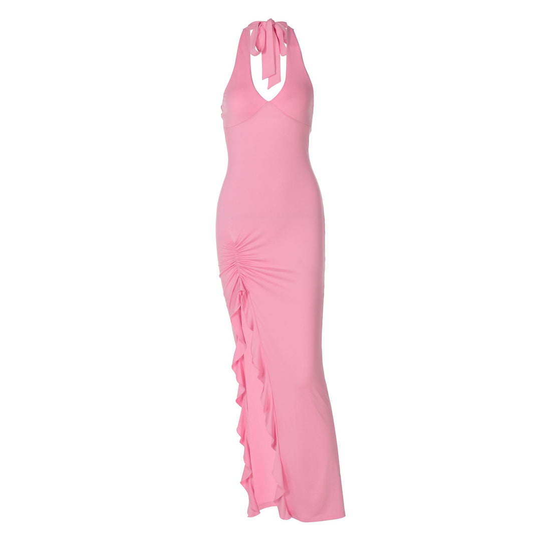 Damen elegantes Maxikleid mit tiefem V-Ausschnitt und seitlichem Schlitz R&B