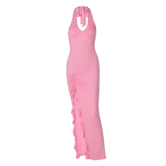 Damen elegantes Maxikleid mit tiefem V-Ausschnitt und seitlichem Schlitz R&B