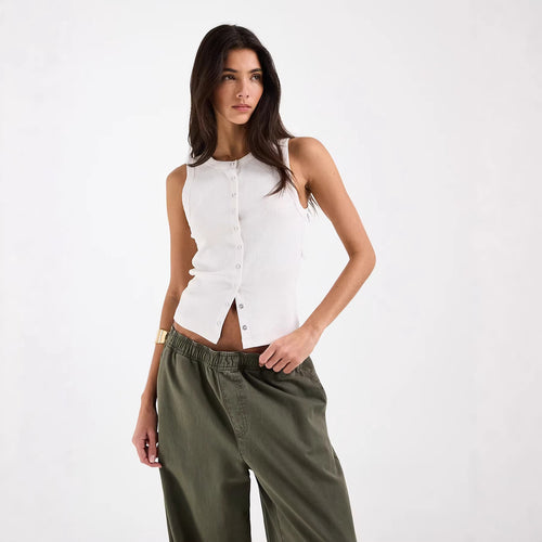 Damen Ärmelloses Rippenshirt mit durchgehender Knopfleiste R&B