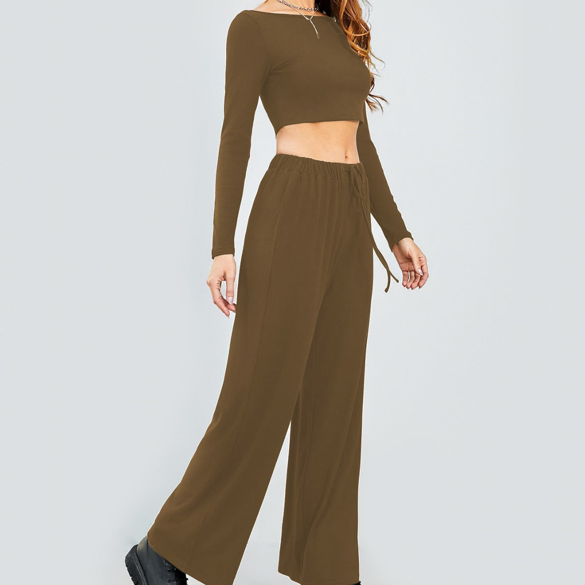 Damen Cropped Oberteil und Weite Hose Set R&B